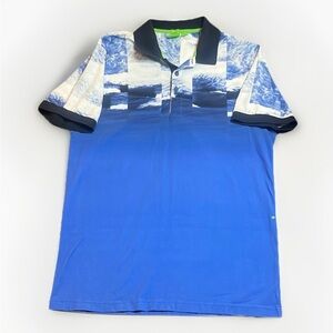 Hugo Boss Blue Graphic Polo Shirt Jersey fabric Slim Fit sz XL Green Label